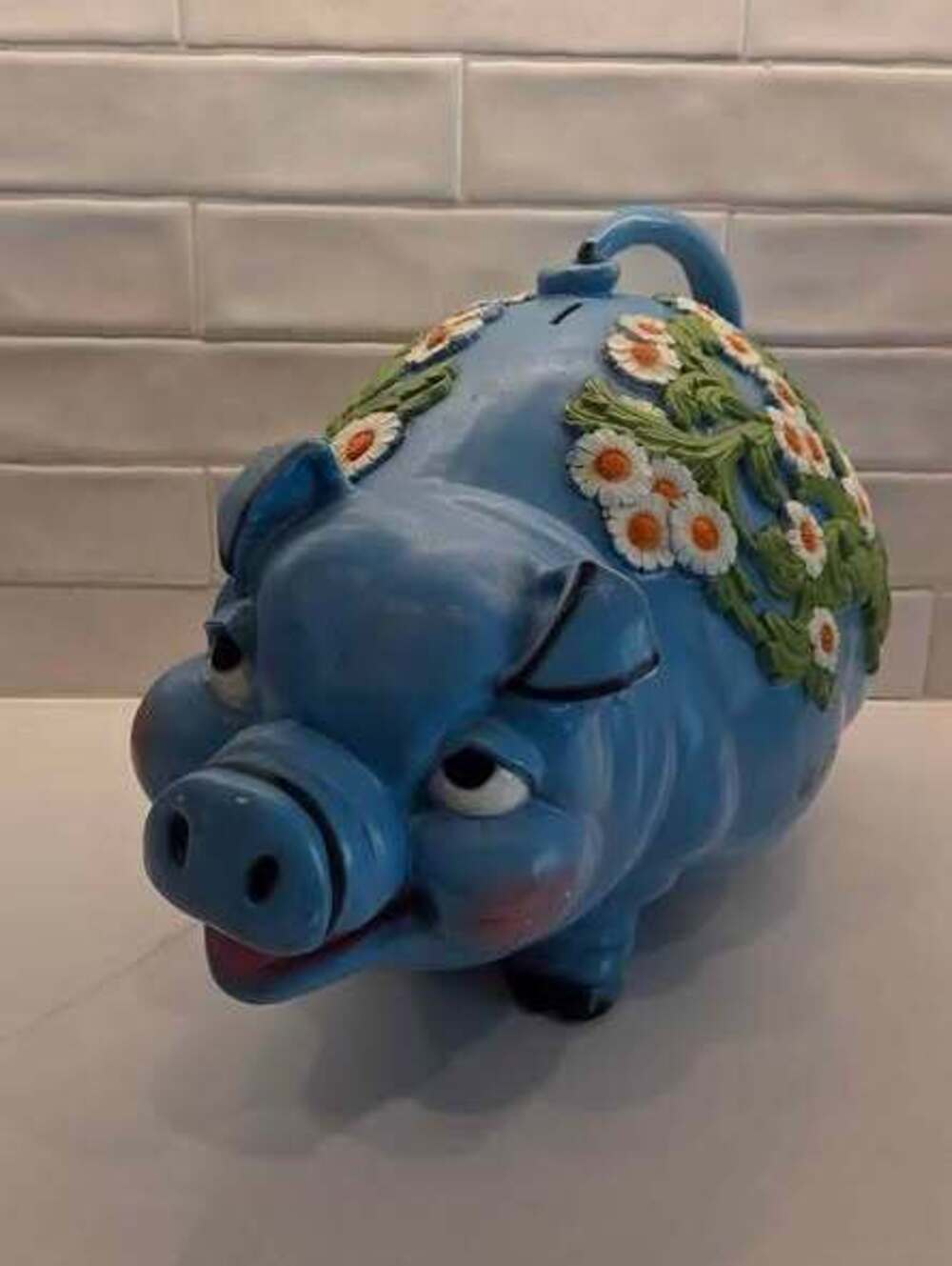 Vintage Giant Piggy Bank Universal Statuary 1976 Blue White Flowers Pig Floral